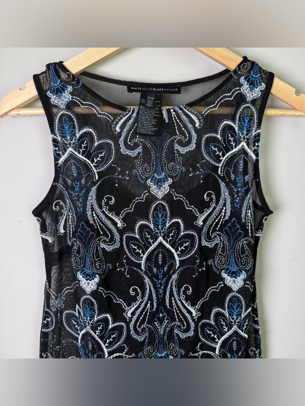 White House Black Market Embroidered Mesh Tank Top Black Blue Built-In Cami XXS - Picture 2 of 9